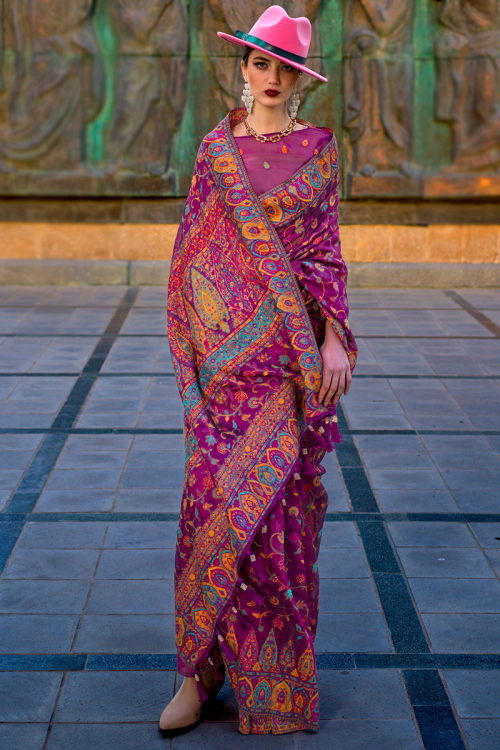 Plum Purple Chanderi Silk Thread Weaved Broad Border Saree 