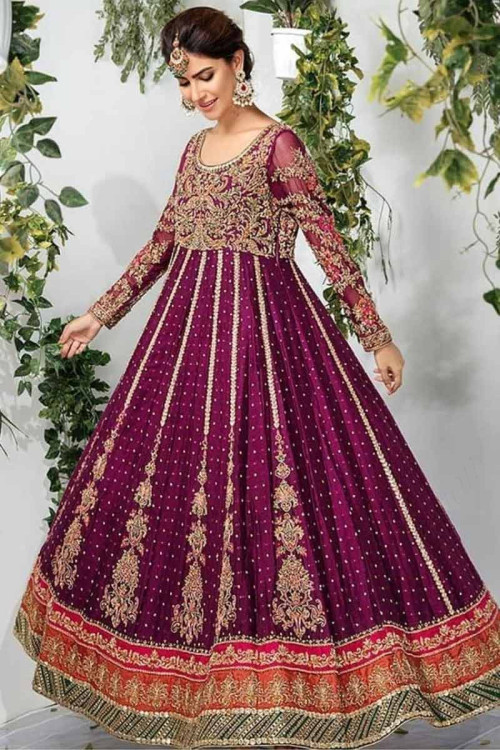 Plum Purple Chanderi Silk Wedding Wear Anarkali Suit