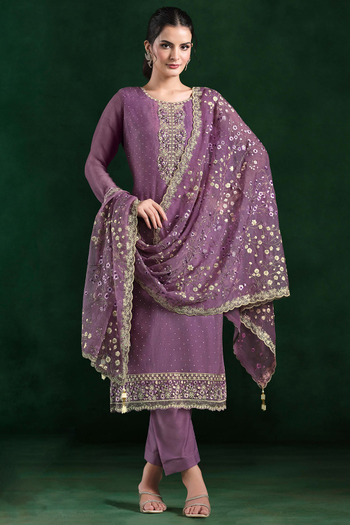 Plum Purple Chiffon Resham Thread Straight Cut Trouser Suit 