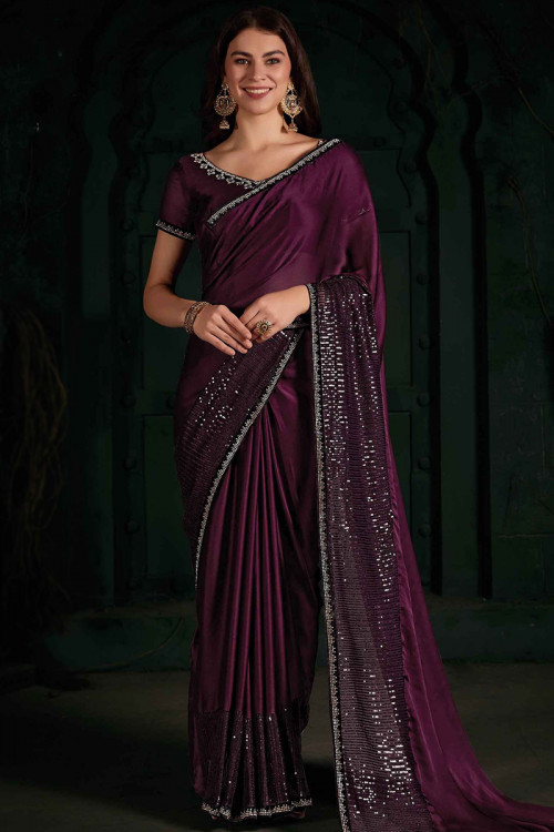 Plum Purple Chiffon Silk Stone Embellished Saree