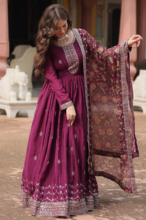 Plum Purple Chinnon Anarkali Suit With Zari Work For Festival