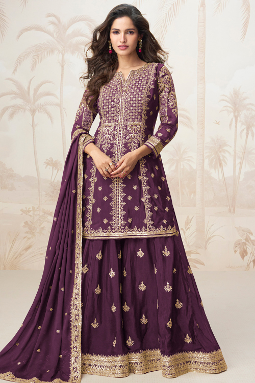 Plum Purple Chinnon Dori Straight Cut Sharara Suit