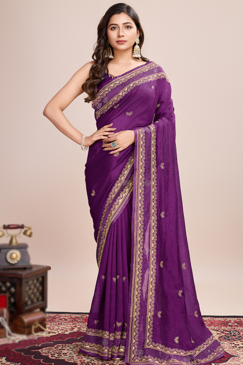 Plum Purple Chinnon Embroidered Light Weight Saree 