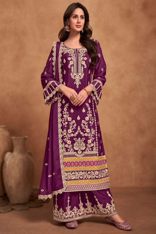 Plum Purple Chinnon Embroidered Straight Cut Palazzo Suit 