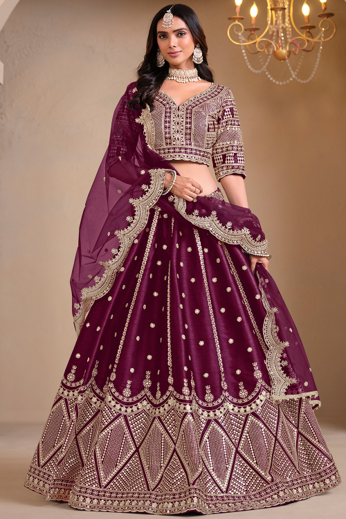 Plum Purple Chinnon Lehenga with Zari Work for Diwali 
