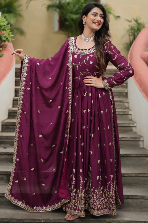 Plum Purple Chinnon Resham Embroidered Ready Made Straight Cut Sharara Suit