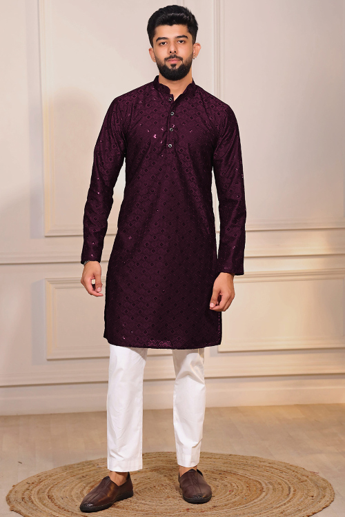Plum Purple Cotton Embroidered Men's Kurta Pajama