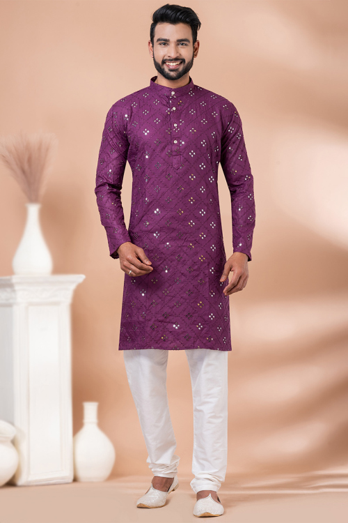 Plum Purple Cotton Embroidered Men's Kurta With Churidar 