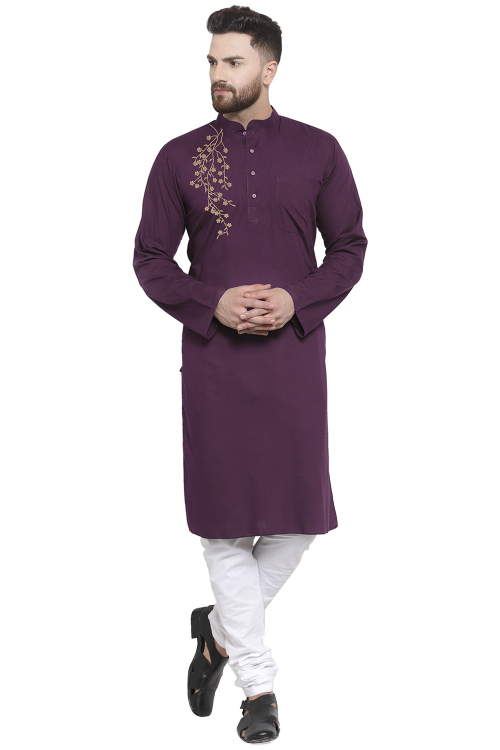 Plum Purple Cotton Embroidered Straight Cut Kurta