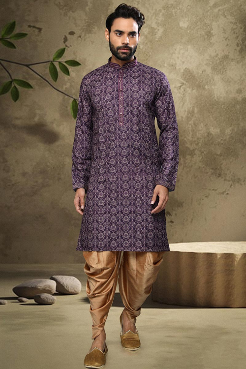 Plum Purple Cotton Men's Kurta With Dhoti Pants