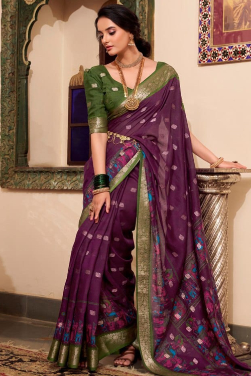 Plum Purple Cotton Printed Saree For Casual Wear