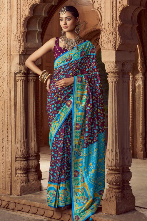 Plum Purple Cotton Silk Broad Border Saree With Printed Work