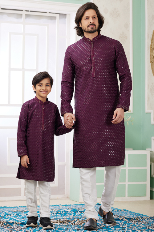 Plum Purple Cotton Silk Embroidered Father And Son Kurta Pajama