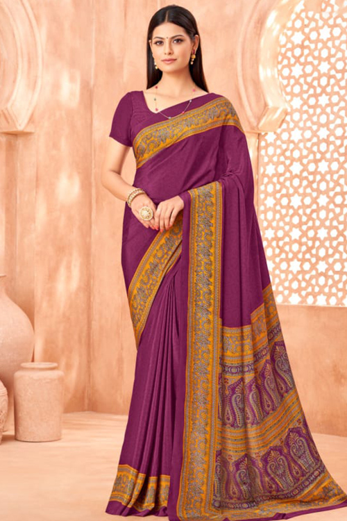 Plum Purple Crepe Saree With Printed Work For Casual Wear