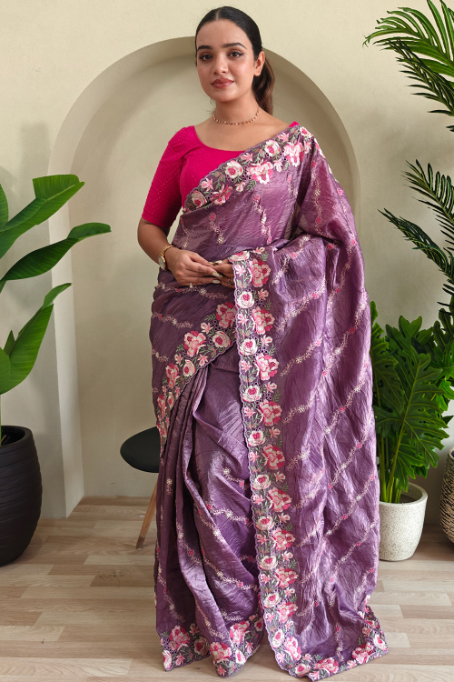 Plum Purple Crush Silk Saree With Cut Work For Festival