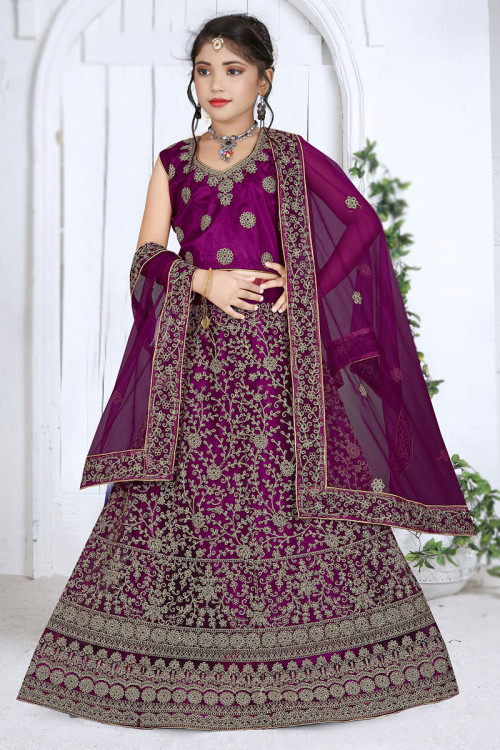Plum Purple Dori Embroidered Girl's Lehenga For Sangeet 