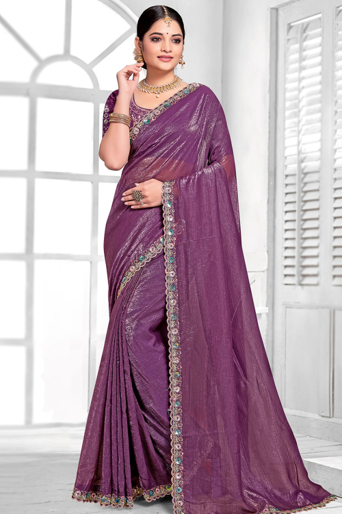 Plum Purple Dori Embroidered Shimmer Chiffon Saree