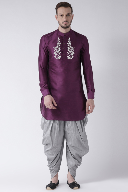 Plum Purple Dupion Silk Embroidered Straight Cut Men's Kurta