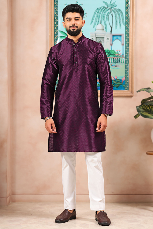 Plum Purple Dupion Silk Men's Kurta Pajama With Weaved Work