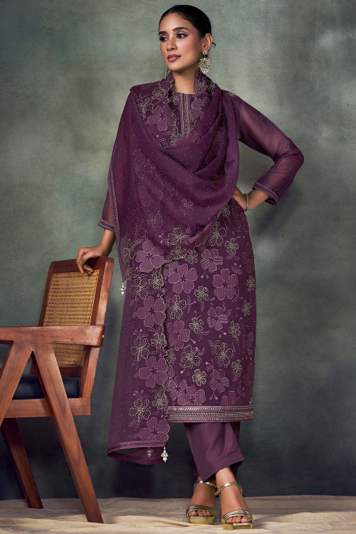 Plum Purple Embroidered Chiffon Straight Cut Trouser Suit 
