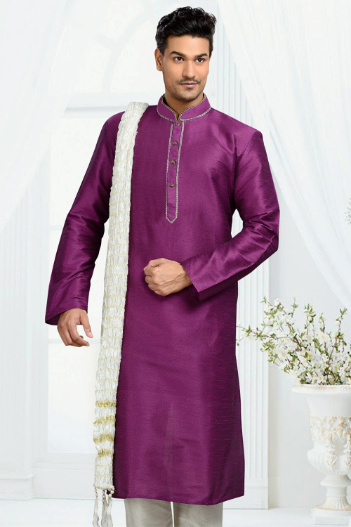 Plum Purple Embroidered Dupion Silk Straight Cut Men's Kurta
