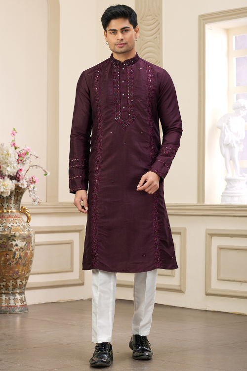 Plum Purple Embroidered Silk Blend Men's Kurta Pajama For Festival 