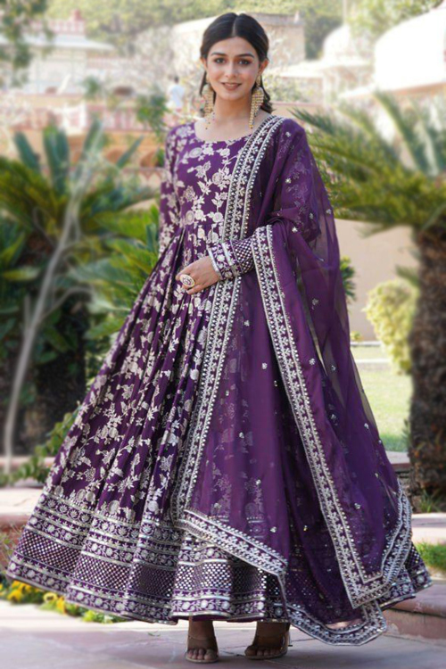Plum Purple Georgette Anarkali Suit With Woven Zari Work