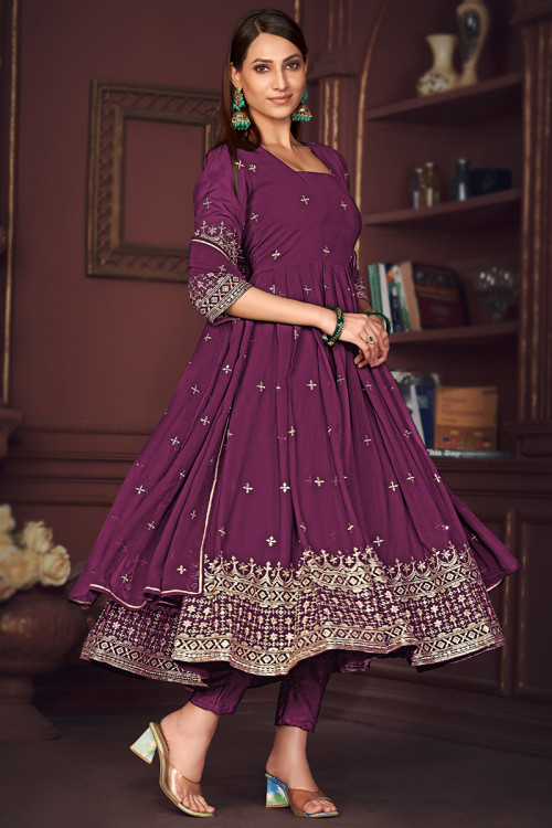 Plum Purple Georgette Embroidered Anarkali Suit For Eid 