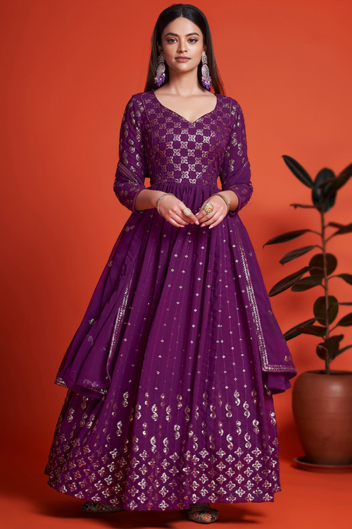 Anarkali with Churidar Anarkali Suit in Georgette Plum Purple for Wedding 