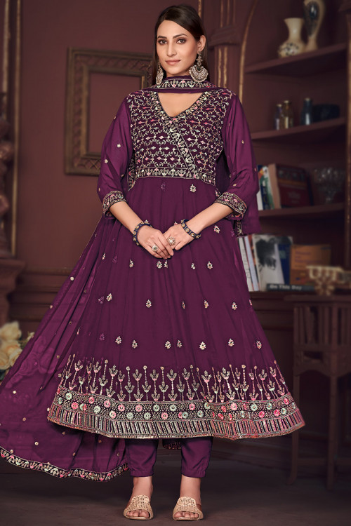Plum Purple Georgette Embroidered Angrakha Style Anarkali Suit 