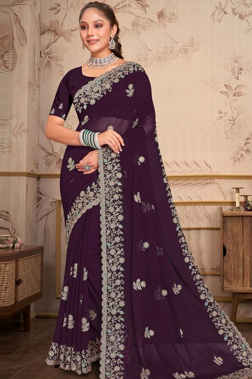 Attractive Plum Purple Georgette Embroidered Light Weight Saree
