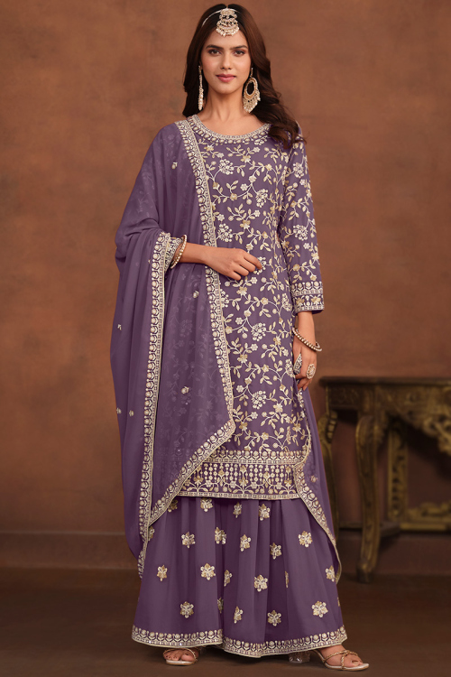 Plum Purple Georgette Embroidered Straight Cut Sharara Set