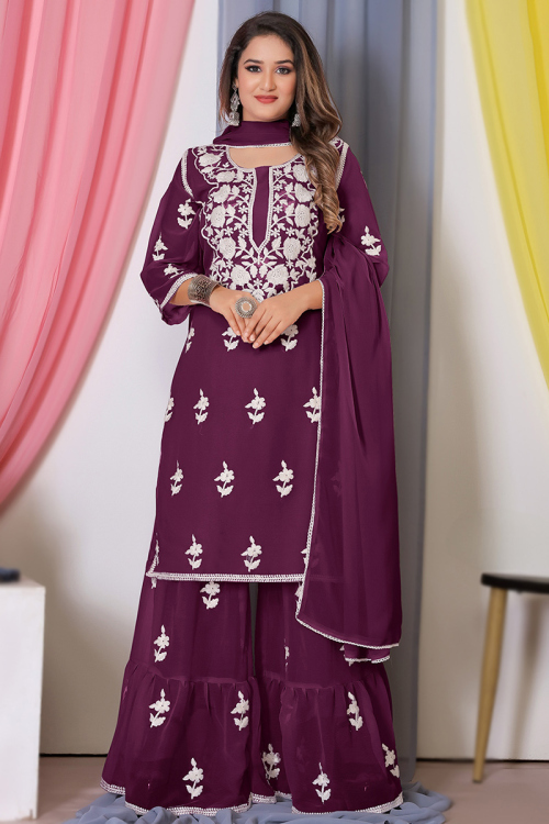 Plum Purple Georgette Embroidered Straight Cut Sharara Dress