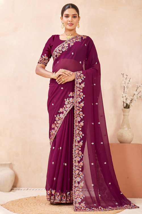 Plum Purple Georgette Light Weight Resham Thread Saree 