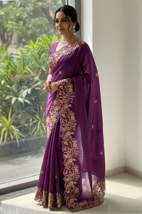 Plum Purple Georgette Saree With Sequins Work For Festival