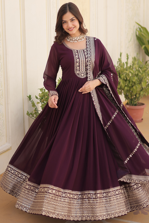 Plum Purple Georgette Sequins Embroidered Anarkali Suit