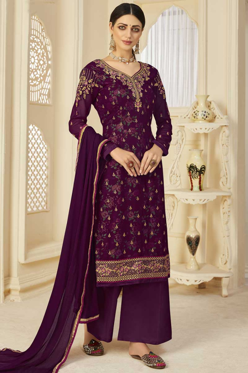 Plum Purple Georgette Wedding Straight Cut Pakistani Salwar Suit