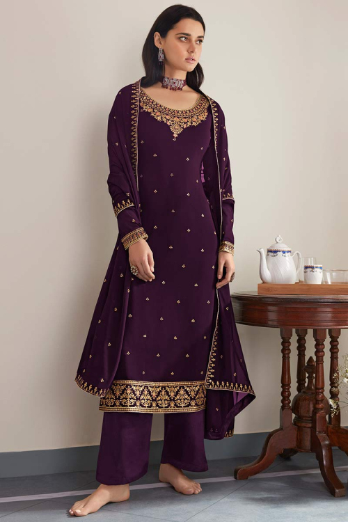 Dark Purple Georgette Straight Cut Trouser Party Wear Salwar Kameez