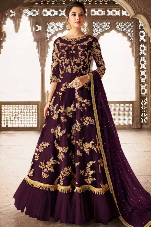 Plum Purple Net Eid Anarkali Suit With Zari Work