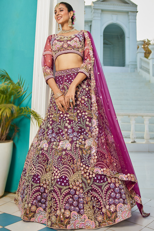 Plum Purple Net Embroidered Panelled style Lehenga 