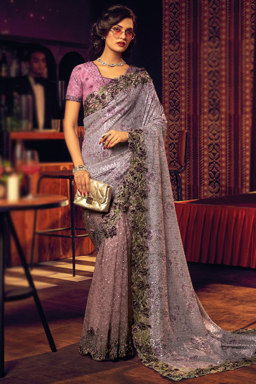 Buy Purple Beads Work Plus Size Sarees Online for Women in USA