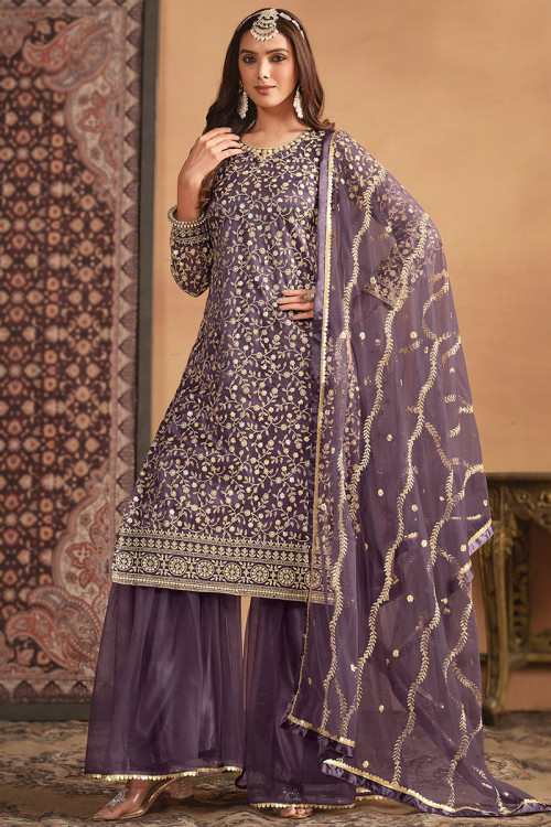 Plum Purple Net Zari Embroidered Sharara Suit For Sangeet 