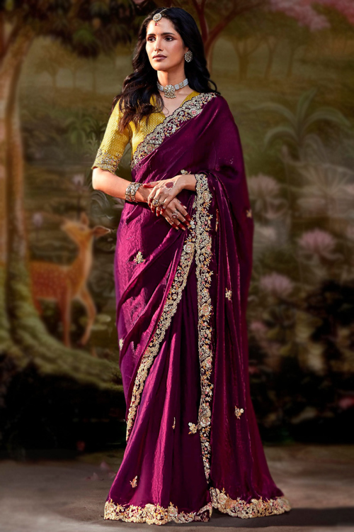 Plum Purple Organza Embroidered Light Weight Saree 