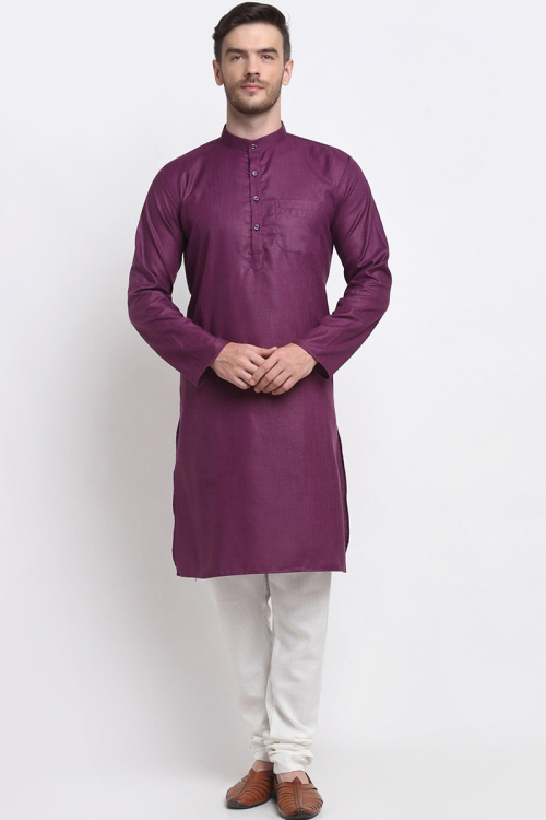 Plum Purple Plain Cotton Straight Cut Men's Kurta Churidar