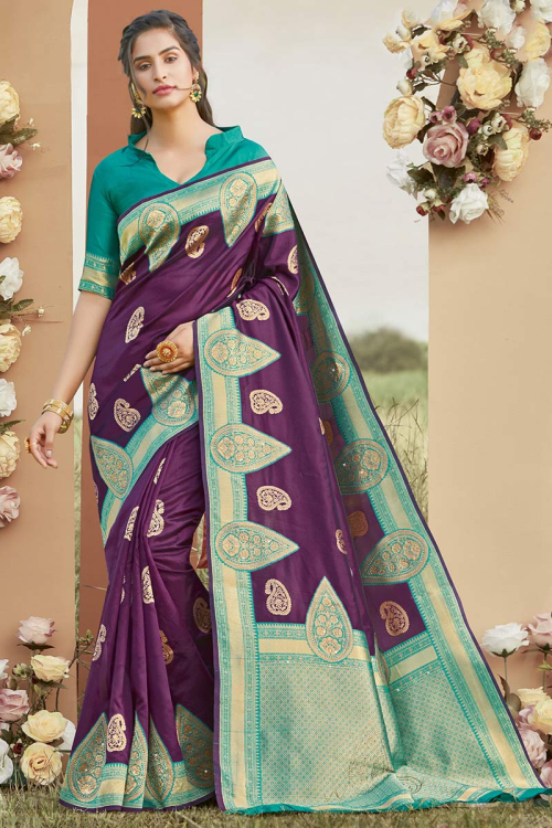 Plum Purple Poly Silk Traditional Saree with Zari Work