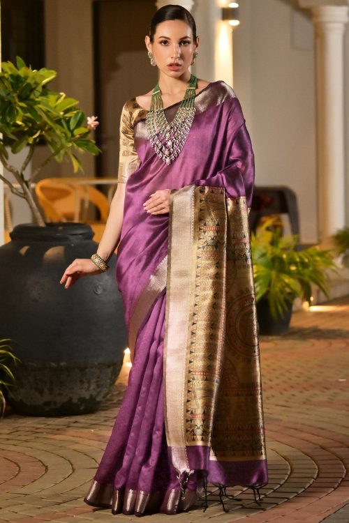 Plum Purple Raw Silk Saree With Woven Zari Work For Festival