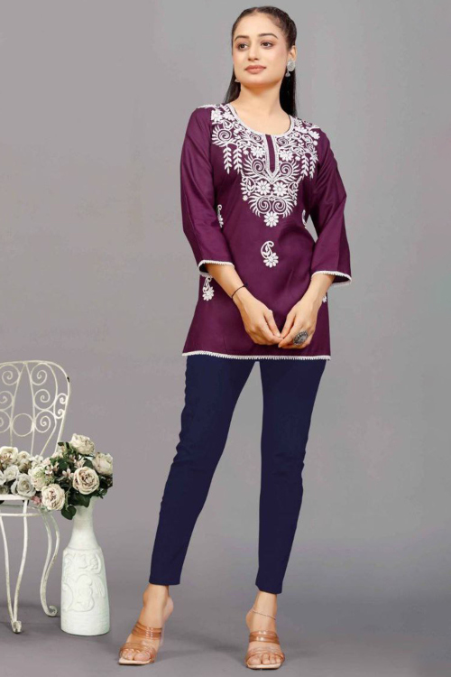Plum Purple Rayon Embroidered Short Casual Wear Kurti
