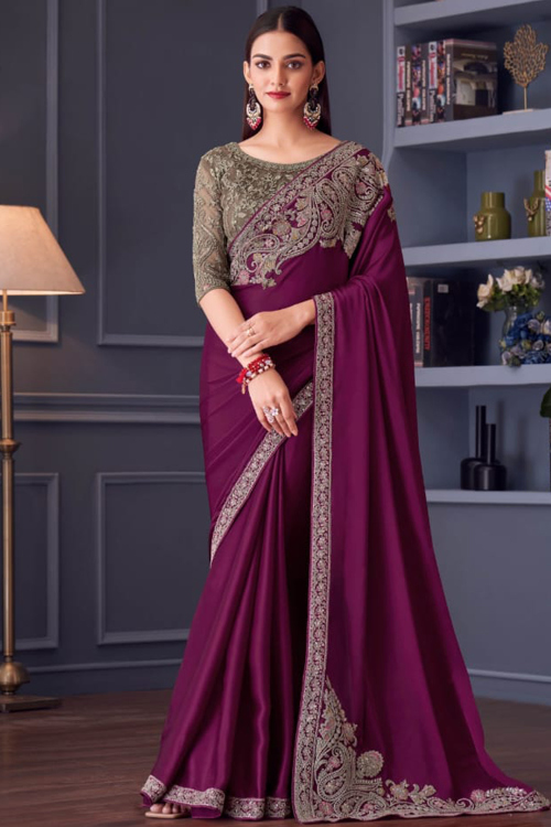 Plum Purple Satin Silk Embroidered Saree For Festival