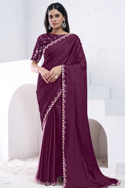 Plum Purple Satin Silk Embroidered Saree For Festival 