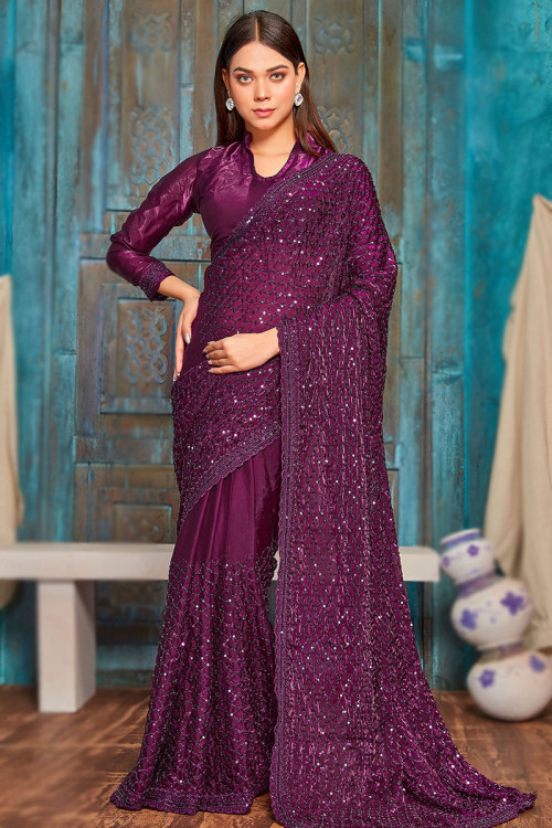 Plum Purple Satin Silk Sequins Embroidered Party Wear Saree